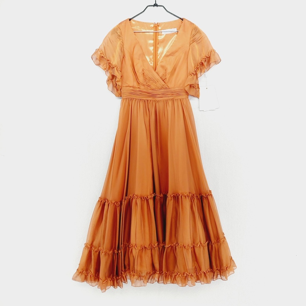 NEW Mac Duggal Orange Peasant Skirt Ruffle Sleeve Midi Dress P2047 - Picture 2 of 11